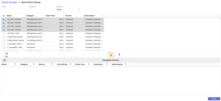 To add a factor to the new factor group, in the top grid of available factors, select the checkbox next to the factor you want to assign. Sample factors are selected. Click the Add Factor button. The button is boxed with yellow highlight. The factor displays in the bottom grid.